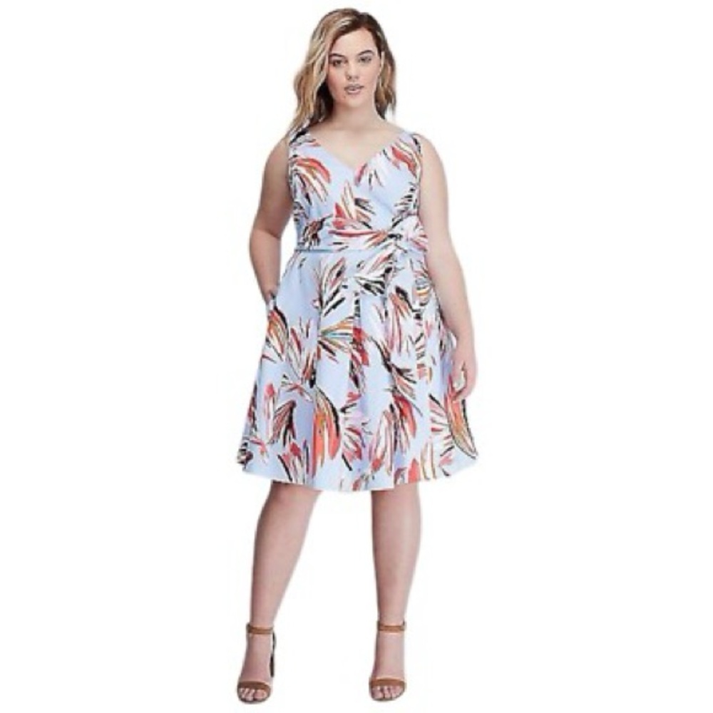 NWT Lane Bryant Tropical Print V-Neck Midi Dress Size 14 Blue Belted Pockets